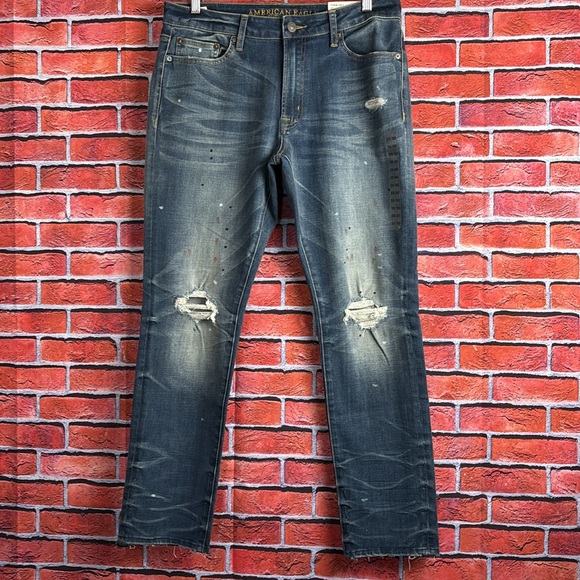 American Eagle Extreme Flex 4 Slim Destroyed Dark Wash Paint Splatter 33/30 NWT - Picture 1 of 11